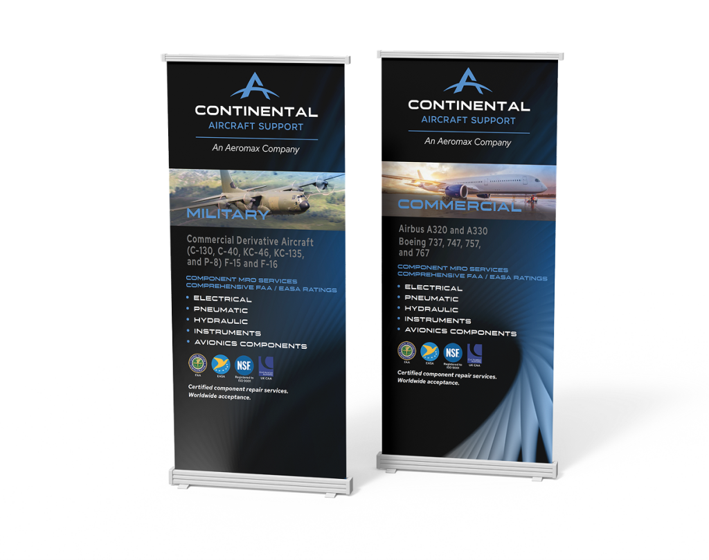 Two retractable banners for Continental Aircraft Support. The left banner highlights military aircraft services with a plane photo; the right banner highlights commercial aircraft services with an image of a jet engine.