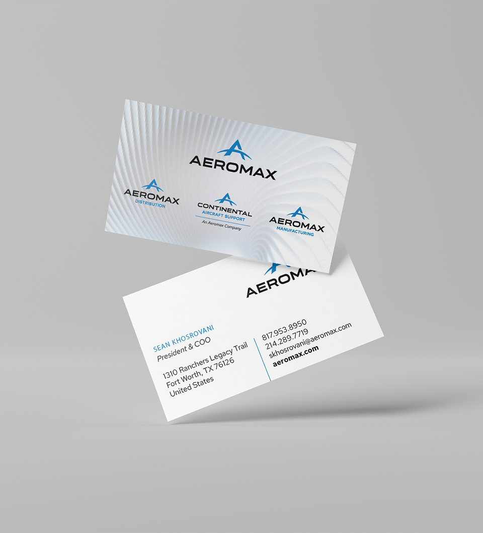Two Aeromax business cards are displayed, front and back. The front has blue Aeromax and Continental logos on a light patterned background. The back lists contact details for Sean Khosrovani, President & COO, in black text.