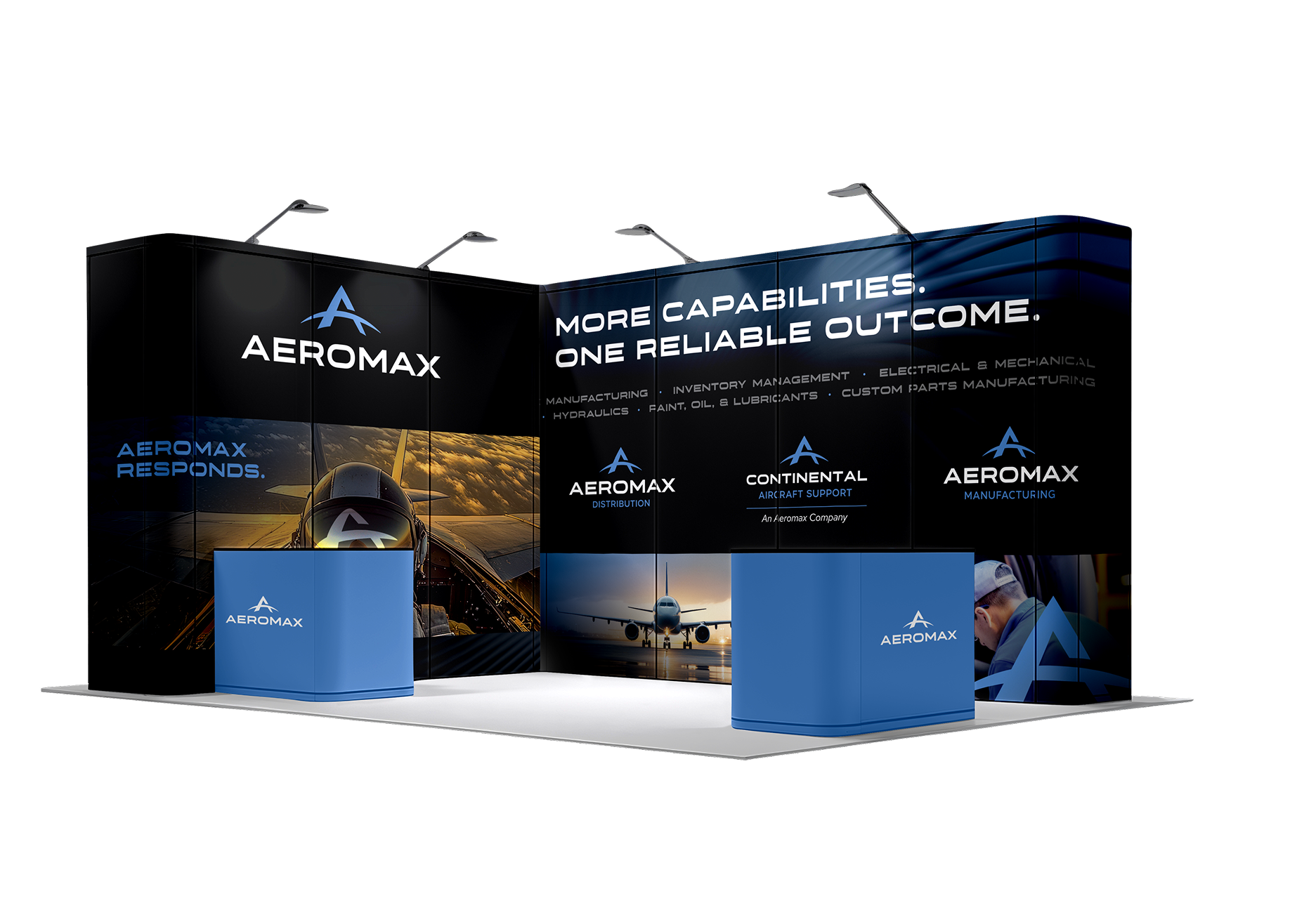 Aeromax trade show booth with blue and black displays, two counters, and spotlights. The booth features Aeromax’s logo and phrases like “More capabilities. One reliable outcome.” and “Aeromax Responds.”.